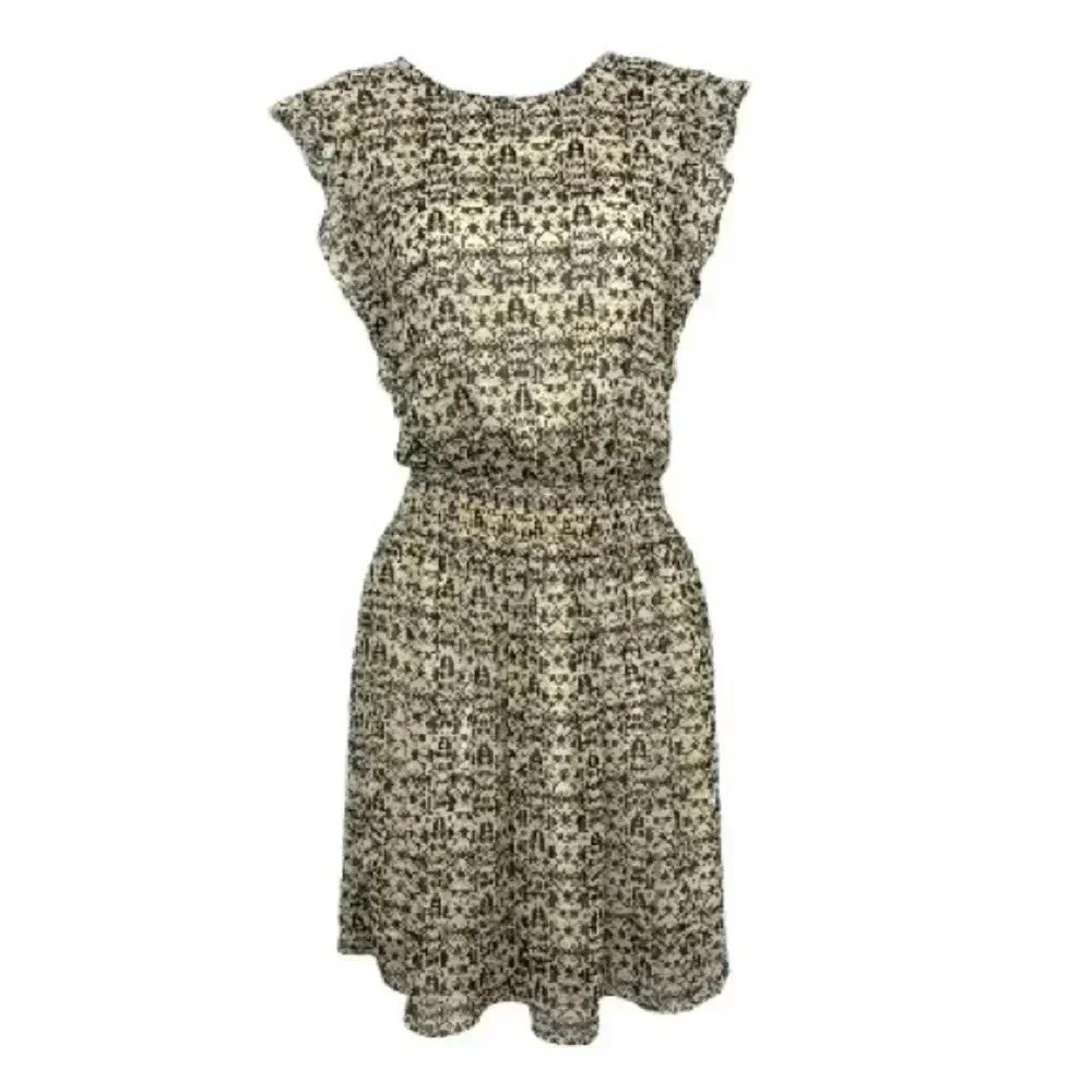 NWOT Mossimo Womens Ruffle Sleeve Fit & Flare Dress Back Keyhole Beige Gray